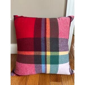 WILLIAMS SONOMA wool plaid pillow pink red green 20x20”with down feather insert